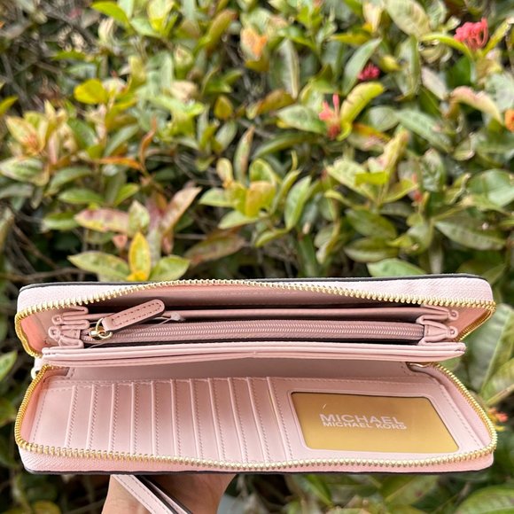 Michael Kors Jet Set Travel Large Continental Wallet Wristlet MK Brown Pink - Picture 5 of 10